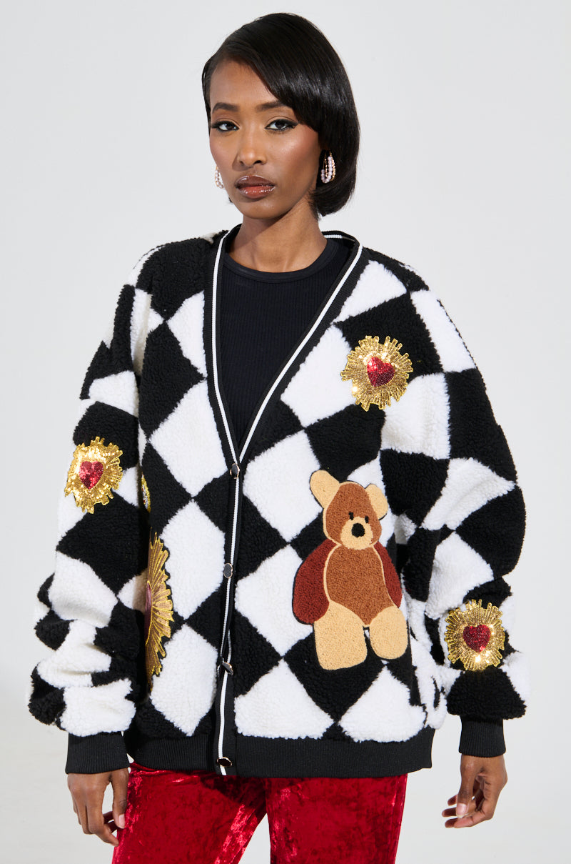 ジャケット・アウター CLANE TEDDY BEAR HAND KNIT TOPS TEDDY BEAR CUTE CHECKERED BUTTON DOWN CARDIGAN – AKIRA