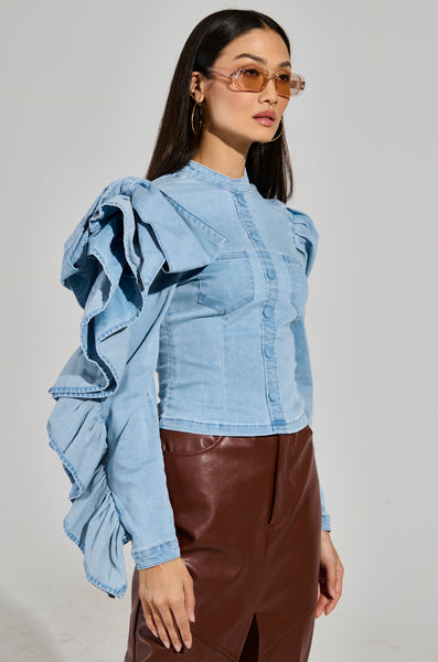 SEIZE THE DAY LONG SLEEVE FLOUNCE DENIM TOP – AKIRA