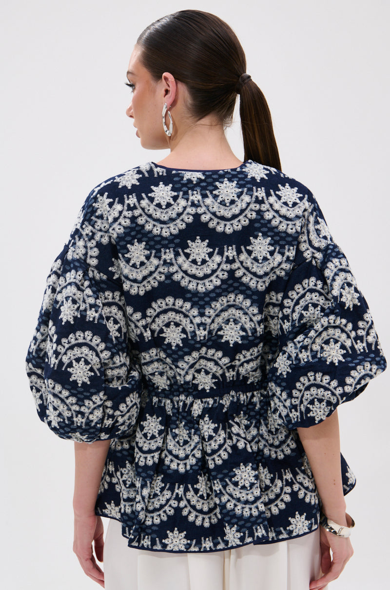 A woman with dark, straight hair in a low ponytail is shown from the back, wearing the MELODY DENIM EYELET BLOUSE with white floral eyelet patterns and puffed sleeves, paired with large hoop earrings and white pants for summer.