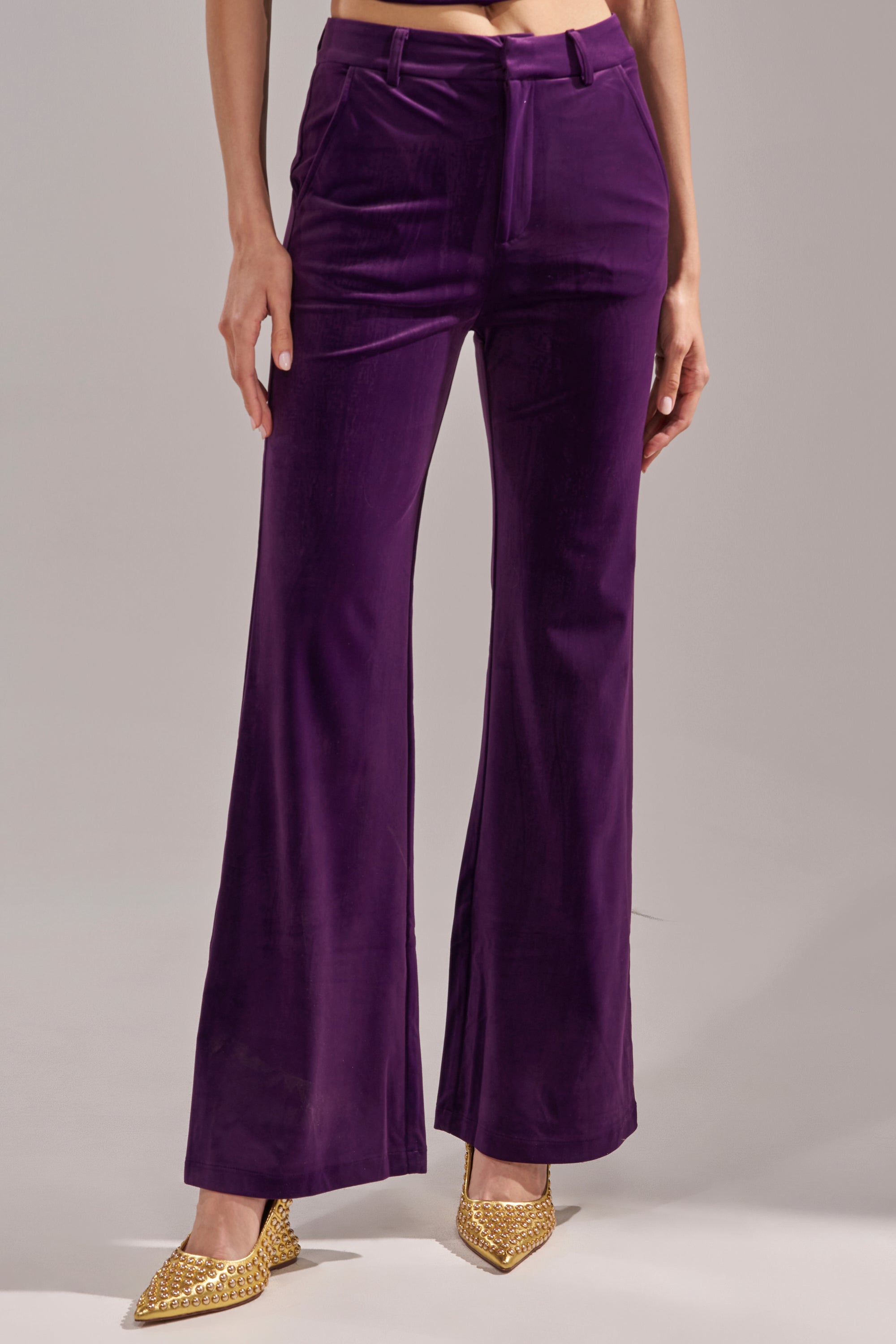 A person wearing I ADORE YOU TROUSER in high-rise eggplant purple velvet and pointed gold woven shoes stands against a light gray background.