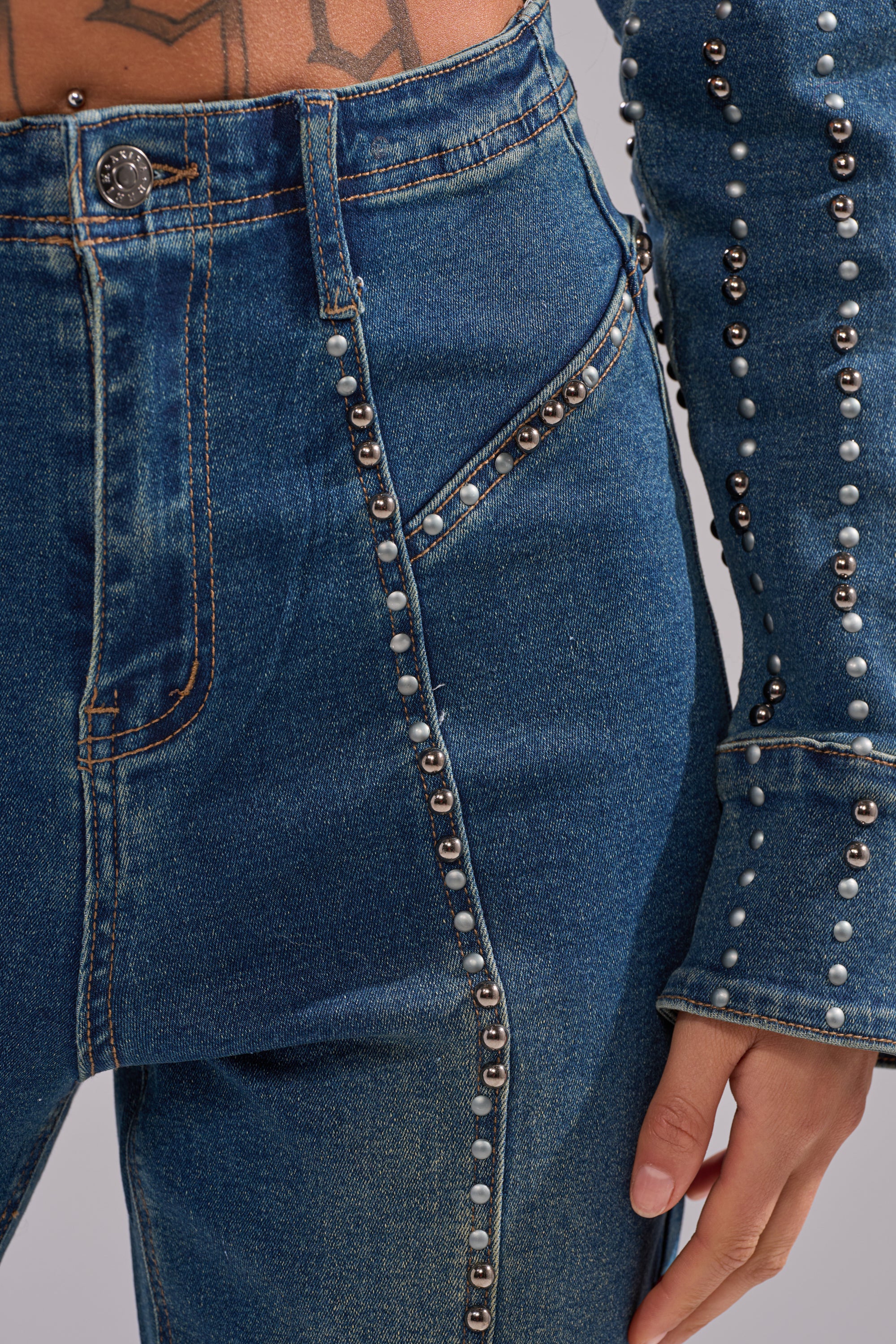 GLAMOUR STUDDED FLARE DENIM PANT – AKIRA