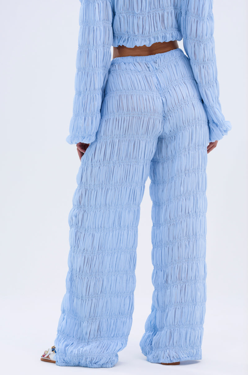 A person stands facing away, wearing a light blue, textured long-sleeve top and ICED OUT PALAZZO PANT featuring a ruched, crinkled pattern. Only their torso and legs are shown against a plain background.