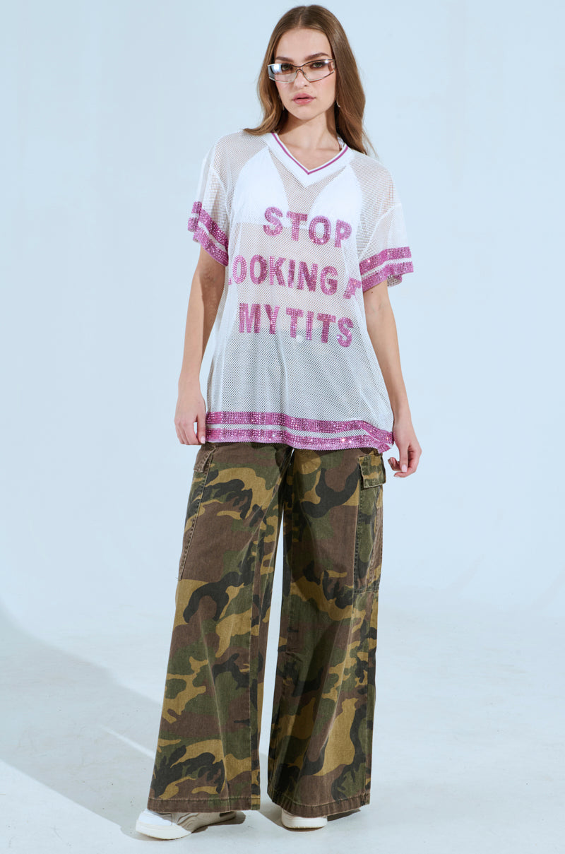 トップス MASU/ANGEL MESH GAME T-SHIRT - PINK STOP LOOKING AT MY TITS MESH JERSEY – AKIRA