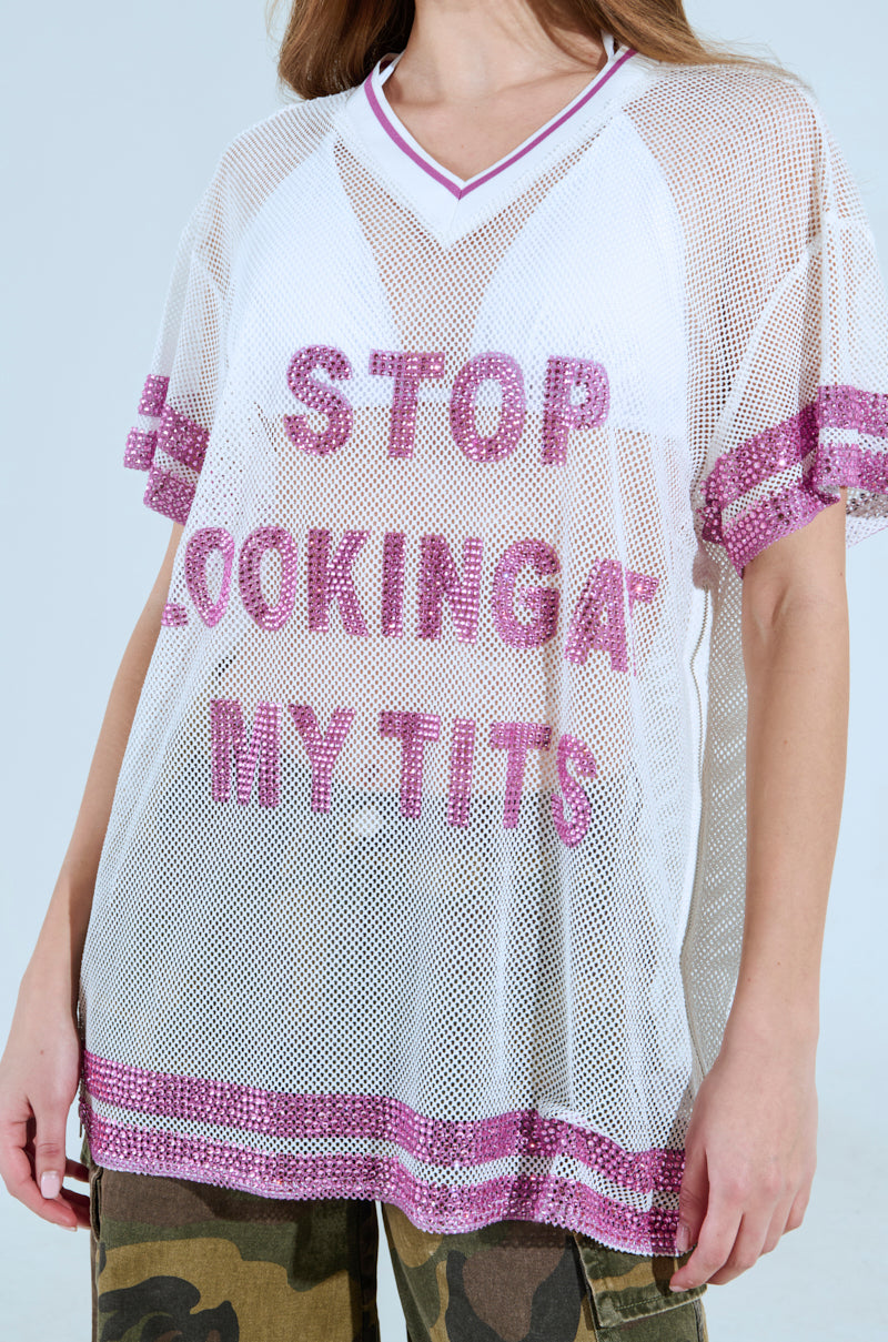 トップス MASU/ANGEL MESH GAME T-SHIRT - PINK STOP LOOKING AT MY TITS MESH JERSEY – AKIRA