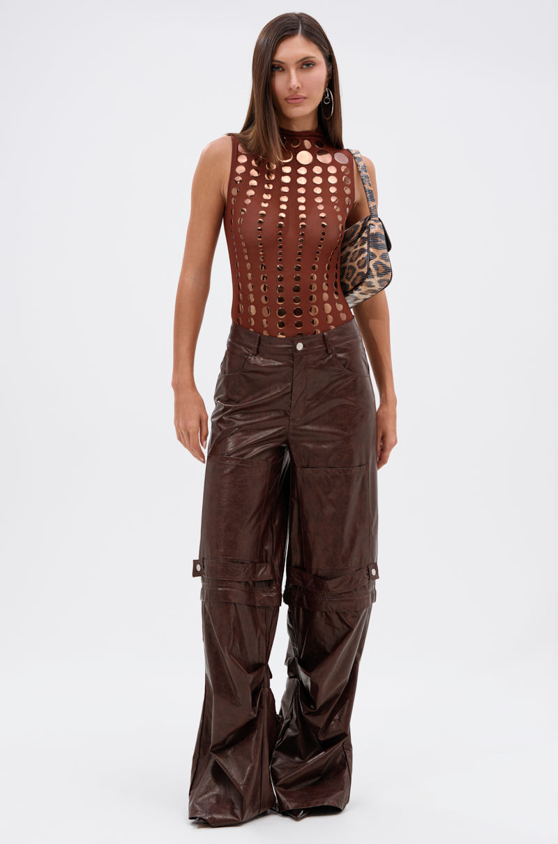 NOT MY FAULT SLEEVELESS BODYSUIT IN BROWN – AKIRA