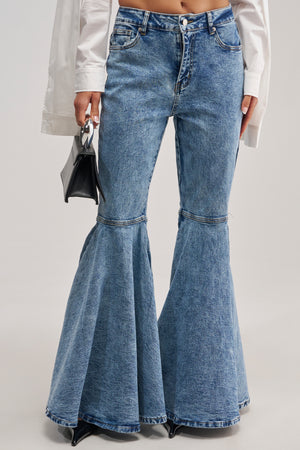 High Rise Bell Bottom Flare Jeans in Denim | AKIRA