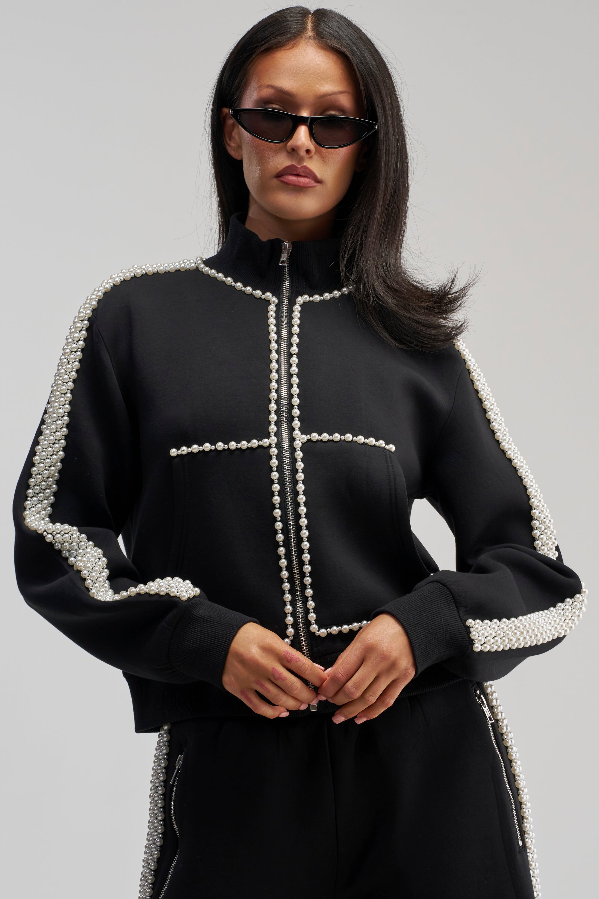 Pearl Embellished Zip Up Sweatshirt, Oversized | AKIRA