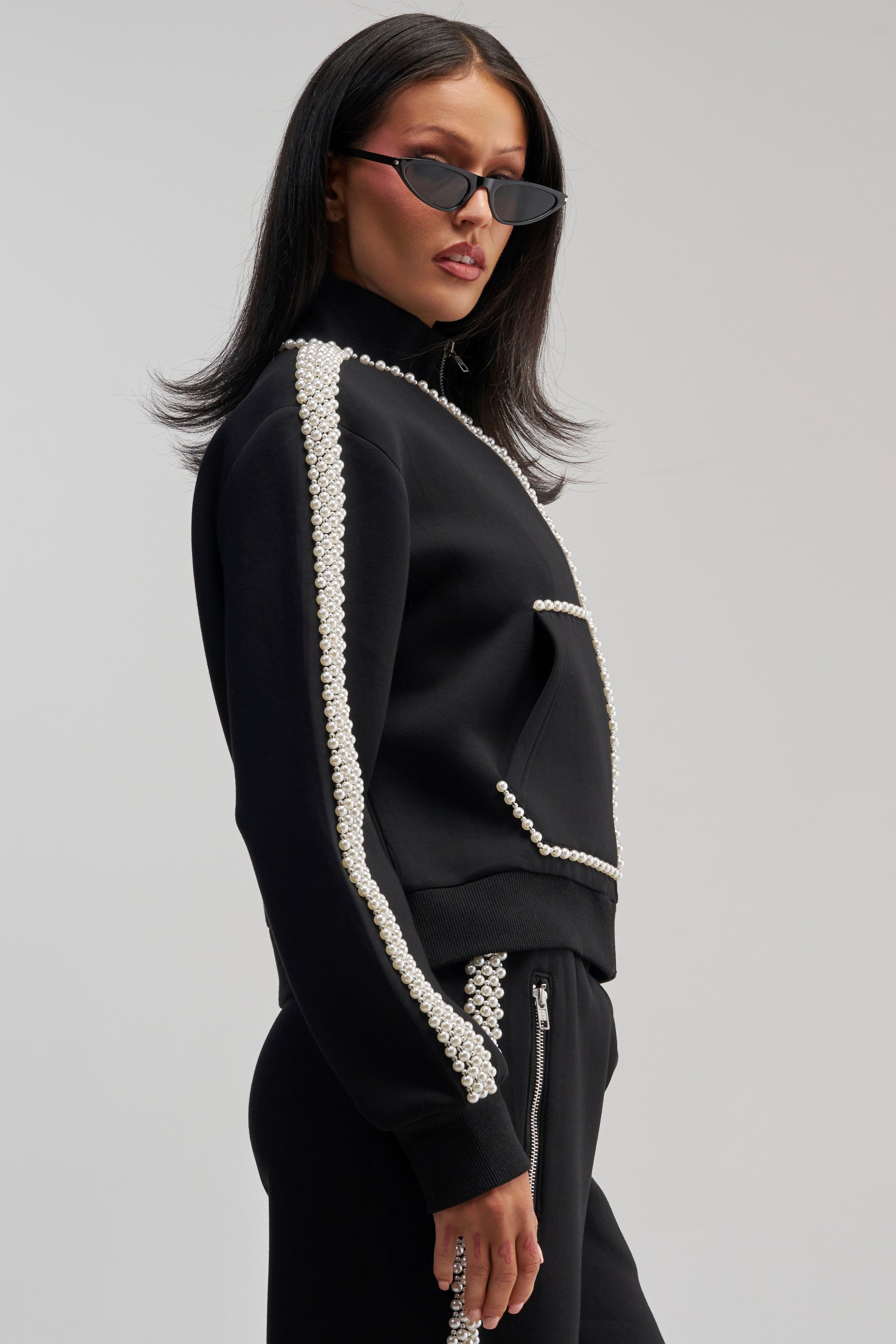 Pearl Embellished Zip Up Sweatshirt, Oversized | AKIRA