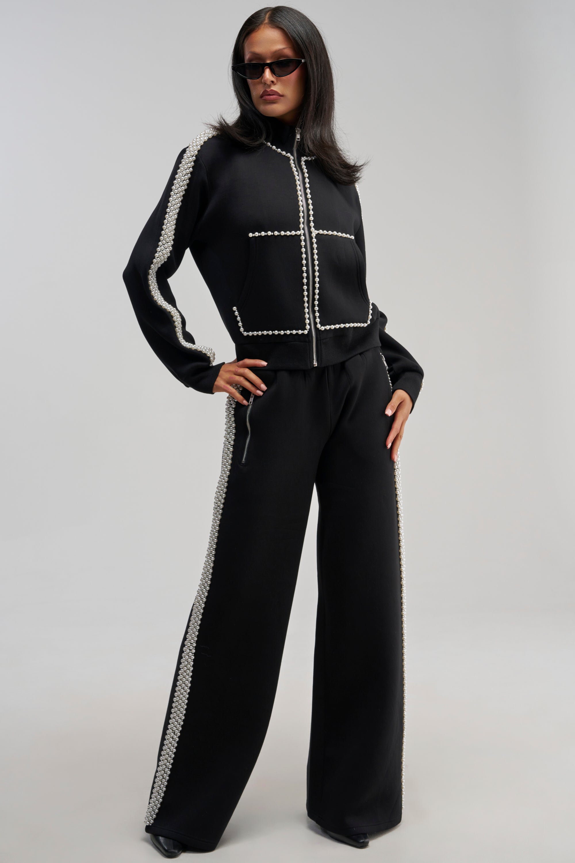 Pearl Embellished Zip Up Sweatshirt, Oversized | AKIRA