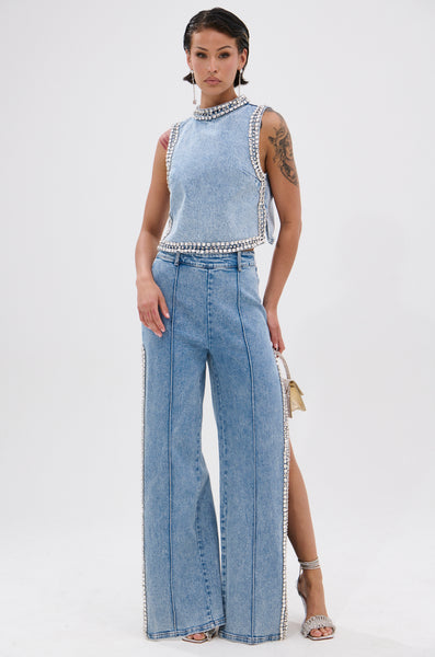 大人気★AAKAM★Rhinestone Washed Denim Pants(青/追跡O) Rhinestone Denim Pants｜SUPPLIER｜デニムパンツ