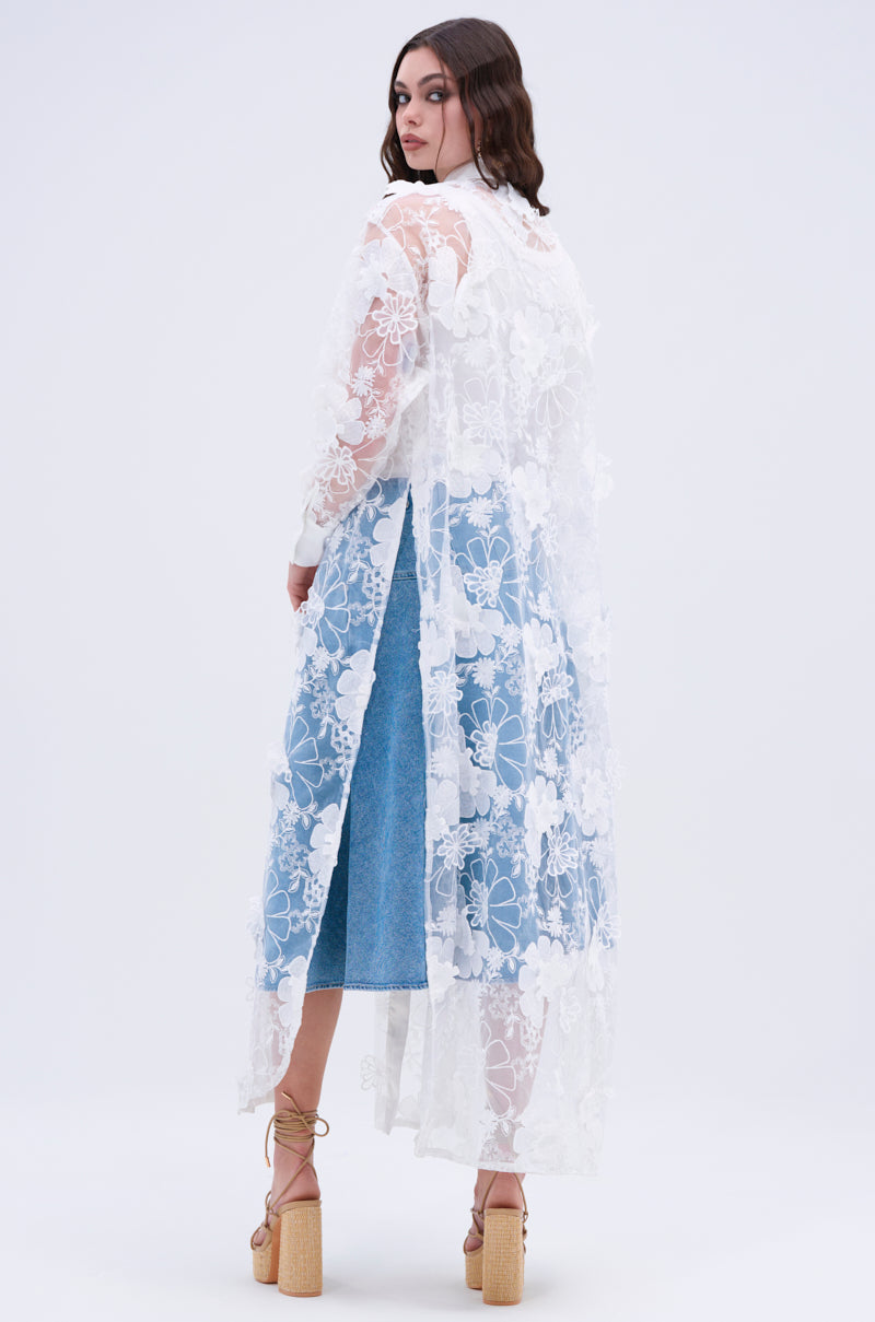 A woman with wavy brown hair stands facing away, wearing the LACE BUTTON UP— a sheer white lace kimono with floral patterns over a blue dress and beige platform heels—set against a plain white background.