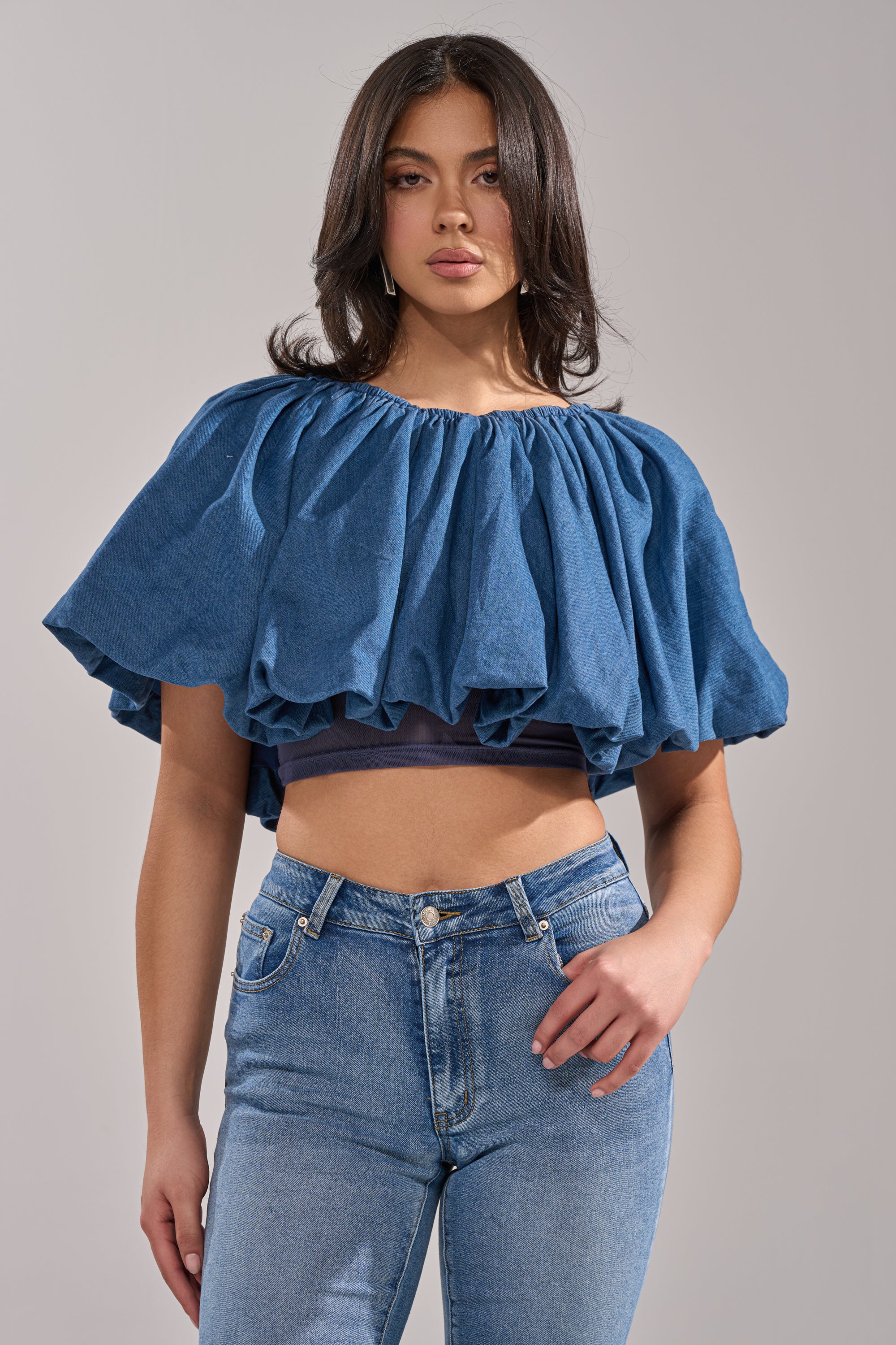 NEVER GOING TO STOP BLOUSE IN MEDIUM BLUE DENIM – AKIRA
