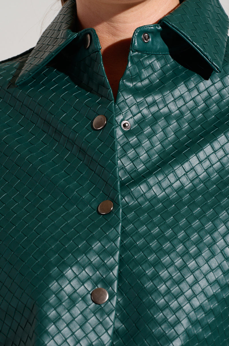 LUXURY GIRL WOVEN PU CROPPED SHIRT IN GREEN AKIRA LUXURY GIRL WOVEN PU CROPPED SHIRT IN GREEN AKIRA
