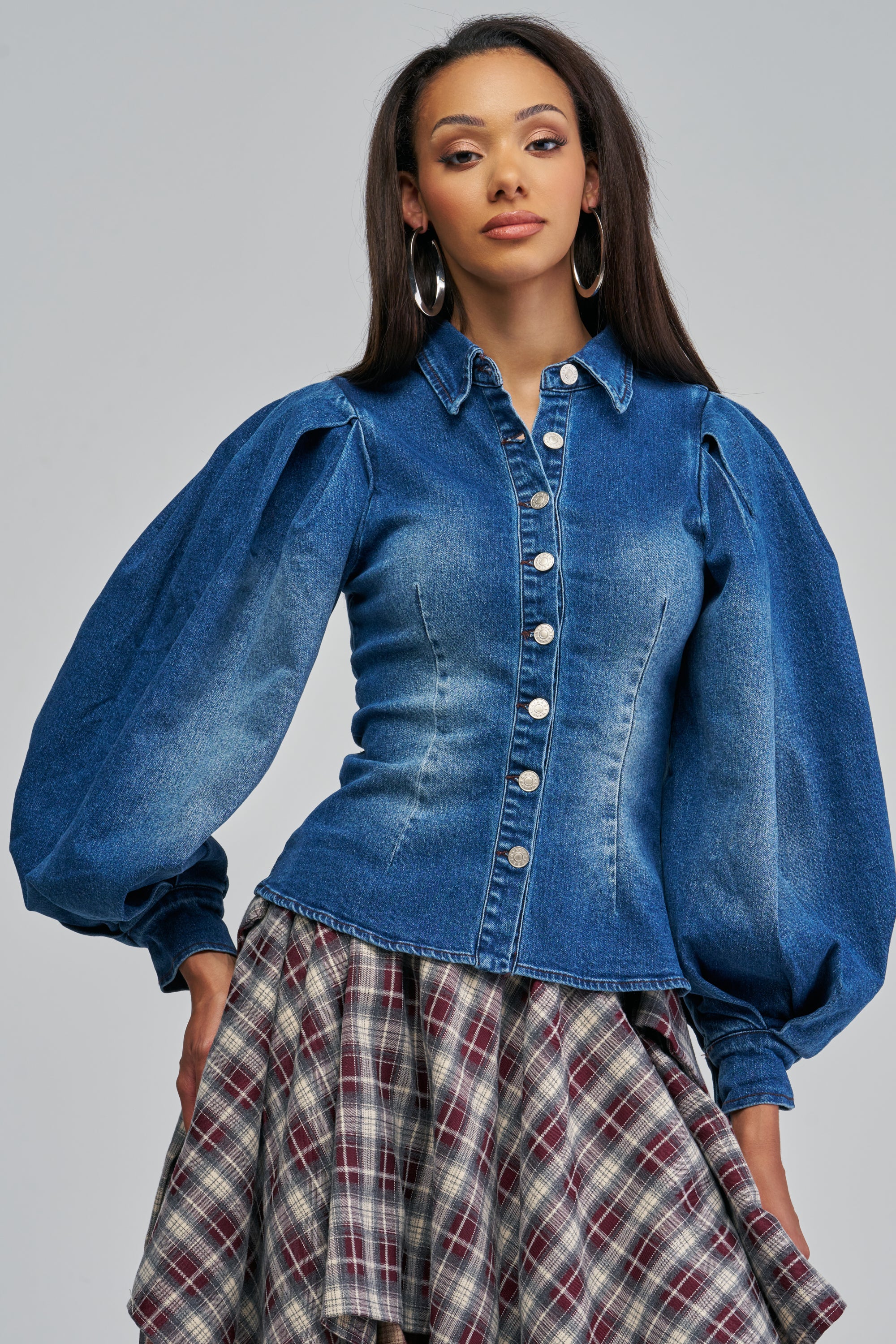 JULIANA BLOUSE IN MEDIUM BLUE DENIM featuring voluminous balloon sleeves and a front button closure.