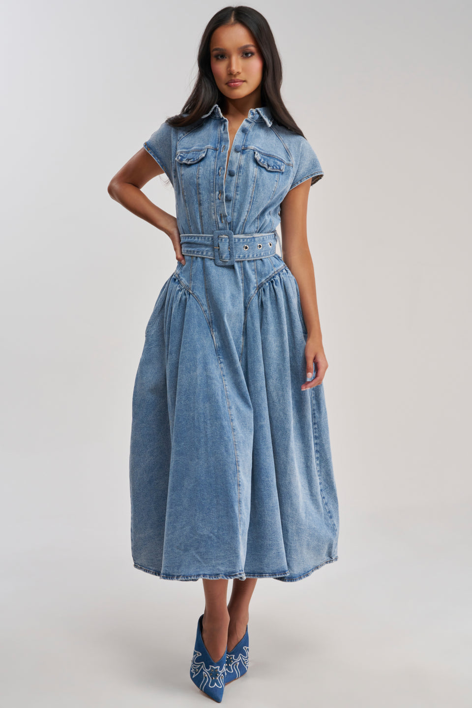 AKIRA Meet The Parents Belted Denim Midi Dress | Light Blue