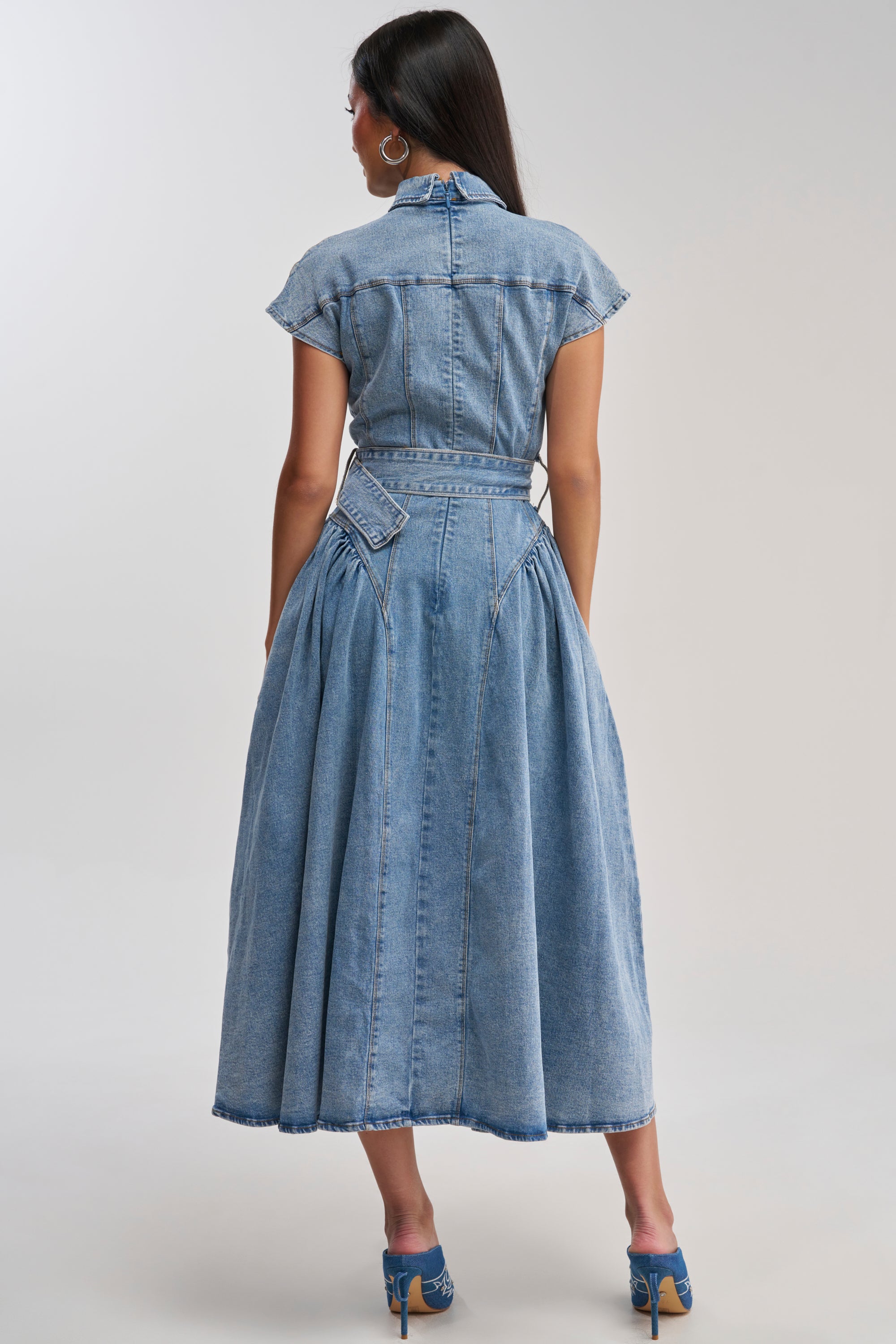 belted denim midi dress Karen Millen Tailored Denim Belted Midi Dress in Indigo