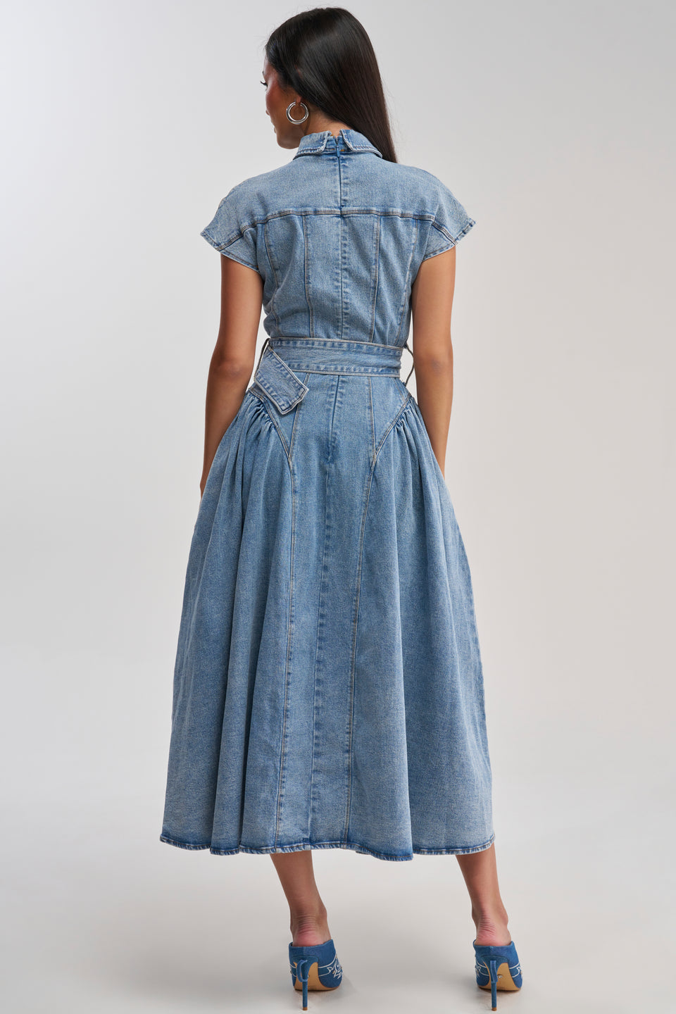 belted denim midi dress Karen Millen Tailored Denim Belted Midi Dress in Indigo