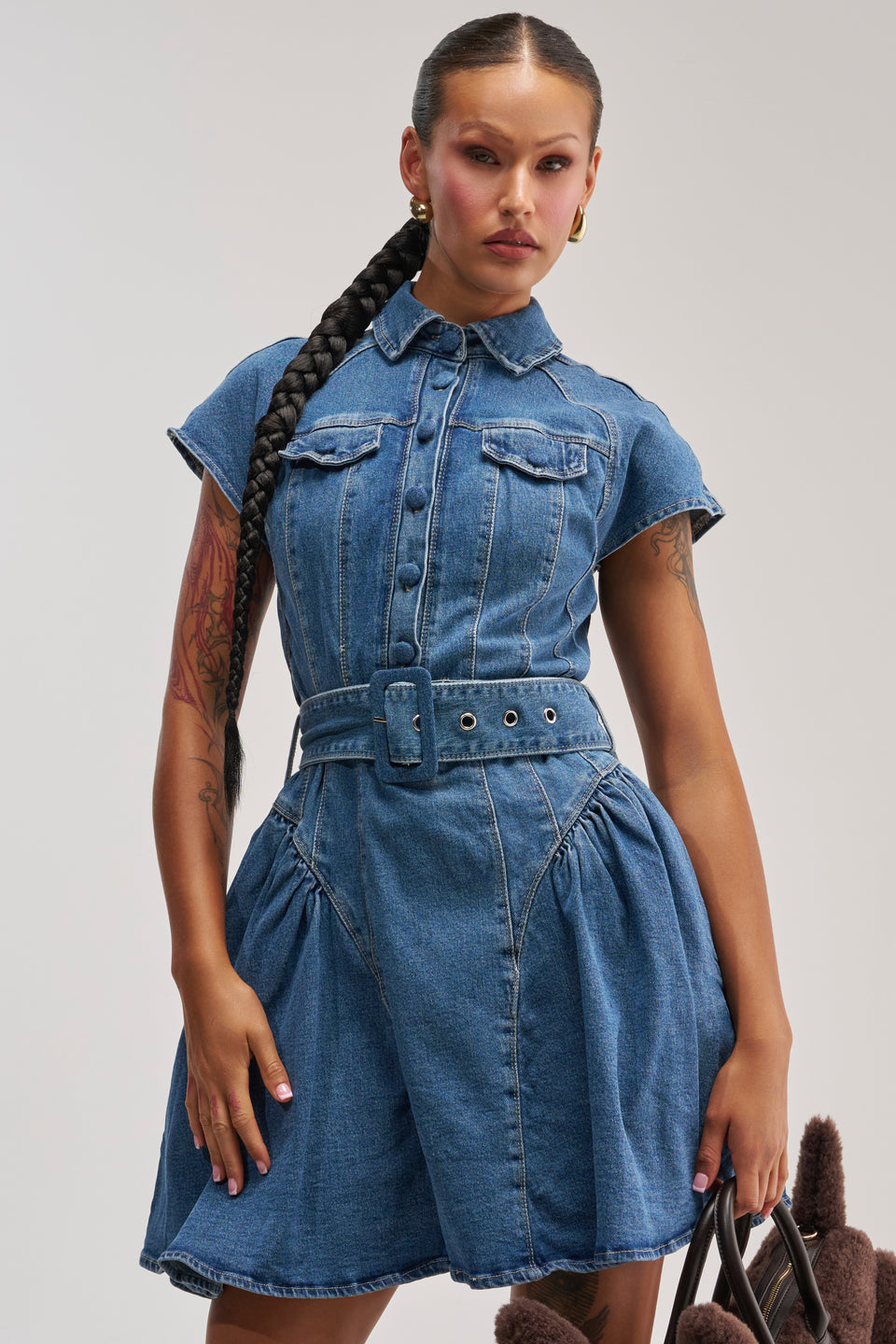 AKIRA Sadie Button Up Denim Mini Dress In Medium Wash Denim