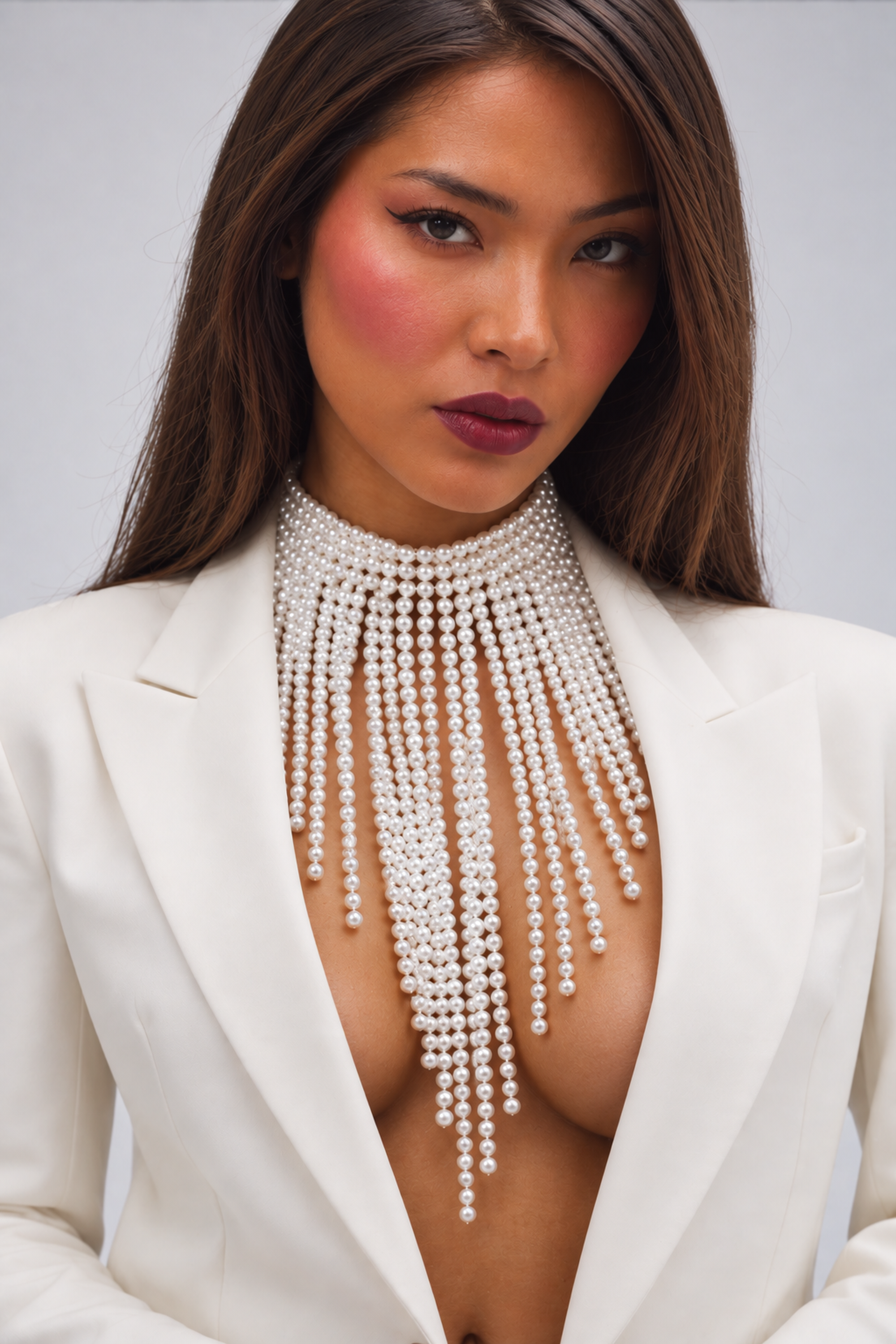 A woman with long dark hair and bold red lipstick poses confidently against a plain background, wearing a white blazer with no shirt and showcasing the dramatic BELLA NECKLACE—a statement faux pearl choker that elegantly drapes down her chest.