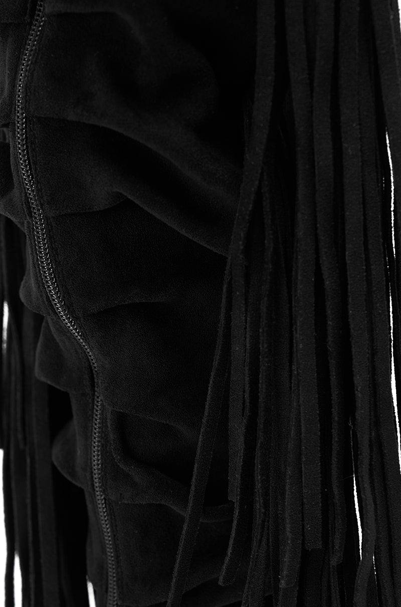Close-up of the AZALEA WANG JOHANNA BLACK FRINGE GLADIATOR SANDAL features black suede with gathered, ruched texture and long fringe details, creating a layered and tactile look. 7