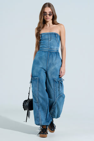 【PORTERNA】Jenner denim jumpsuit Steve Madden Eira Collared Zip Short Sleeve Denim Jumpsuit