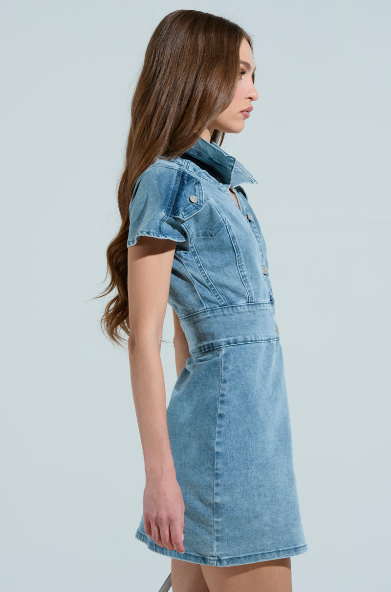 NEVER TOO MUCH DENIM MINI DRESS – AKIRA
