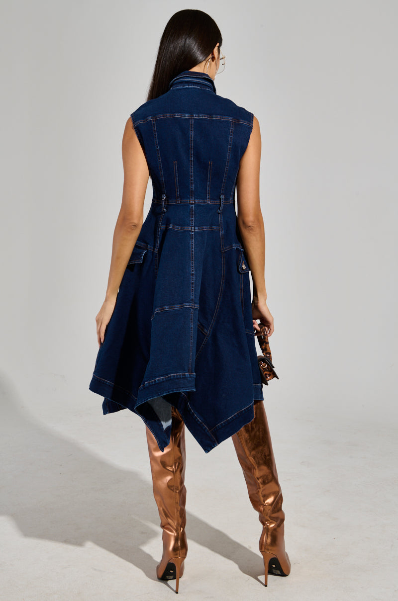 WINONA CAP SLEEVE BUTTON DOWN DENIM MIDI DRESS IN DARK BLUE AKIRA WINONA CAP SLEEVE BUTTON DOWN DENIM MIDI DRESS IN DARK BLUE AKIRA