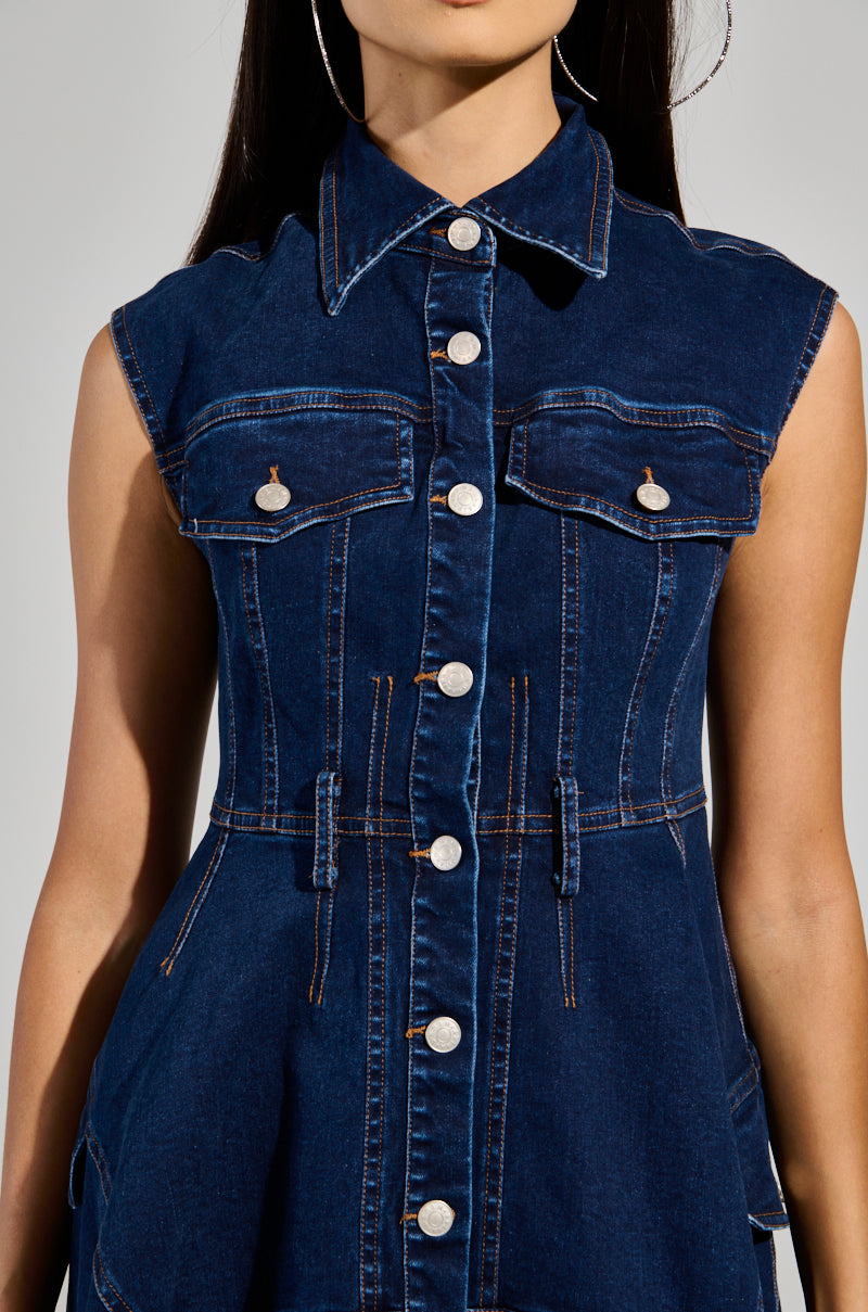 WINONA CAP SLEEVE BUTTON DOWN DENIM MIDI DRESS IN DARK BLUE AKIRA WINONA CAP SLEEVE BUTTON DOWN DENIM MIDI DRESS IN DARK BLUE AKIRA