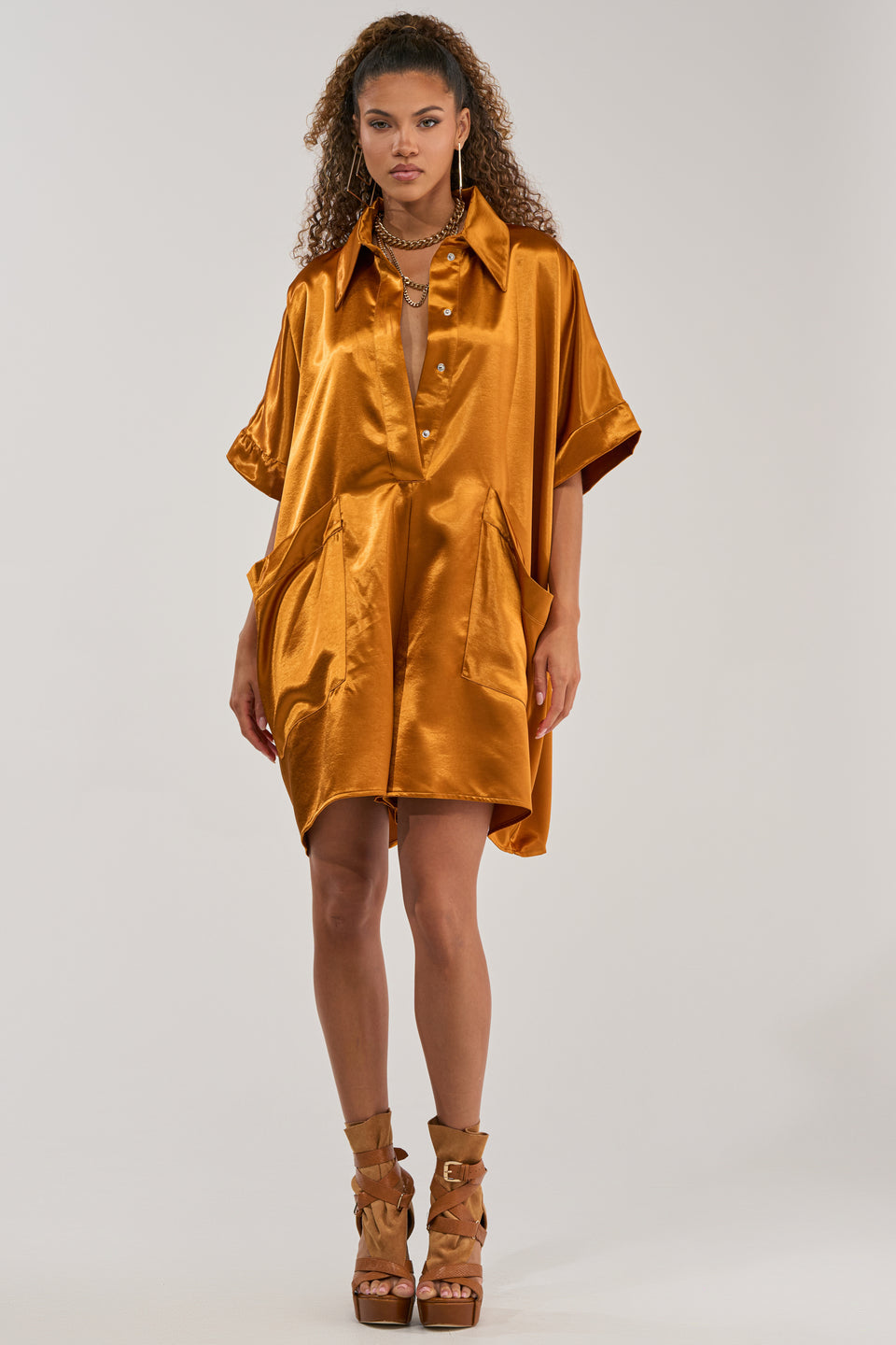 satin romper dress with shorts Lovskoo Women's Satin Backless Mini Romper Dress with Shorts Spaghetti Strap Playsuits Tie Back Summer Ruffle Layer Jumpsuits Dress Brown-L, Size: