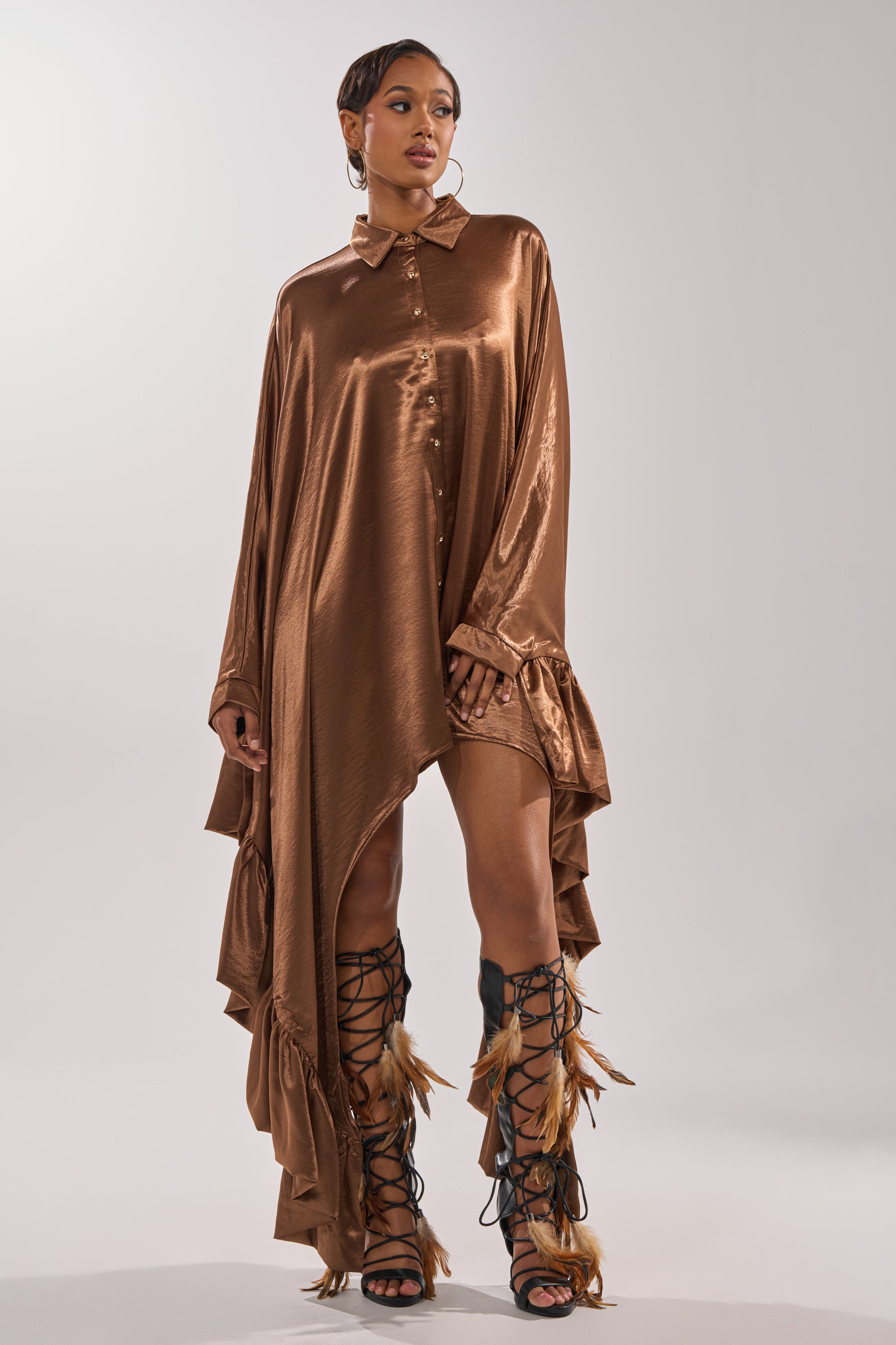 WONDERLUST SATIN LONG SLEEVE MINI DRESS IN BROWN AKIRA WONDERLUST SATIN LONG SLEEVE MINI DRESS IN BROWN AKIRA
