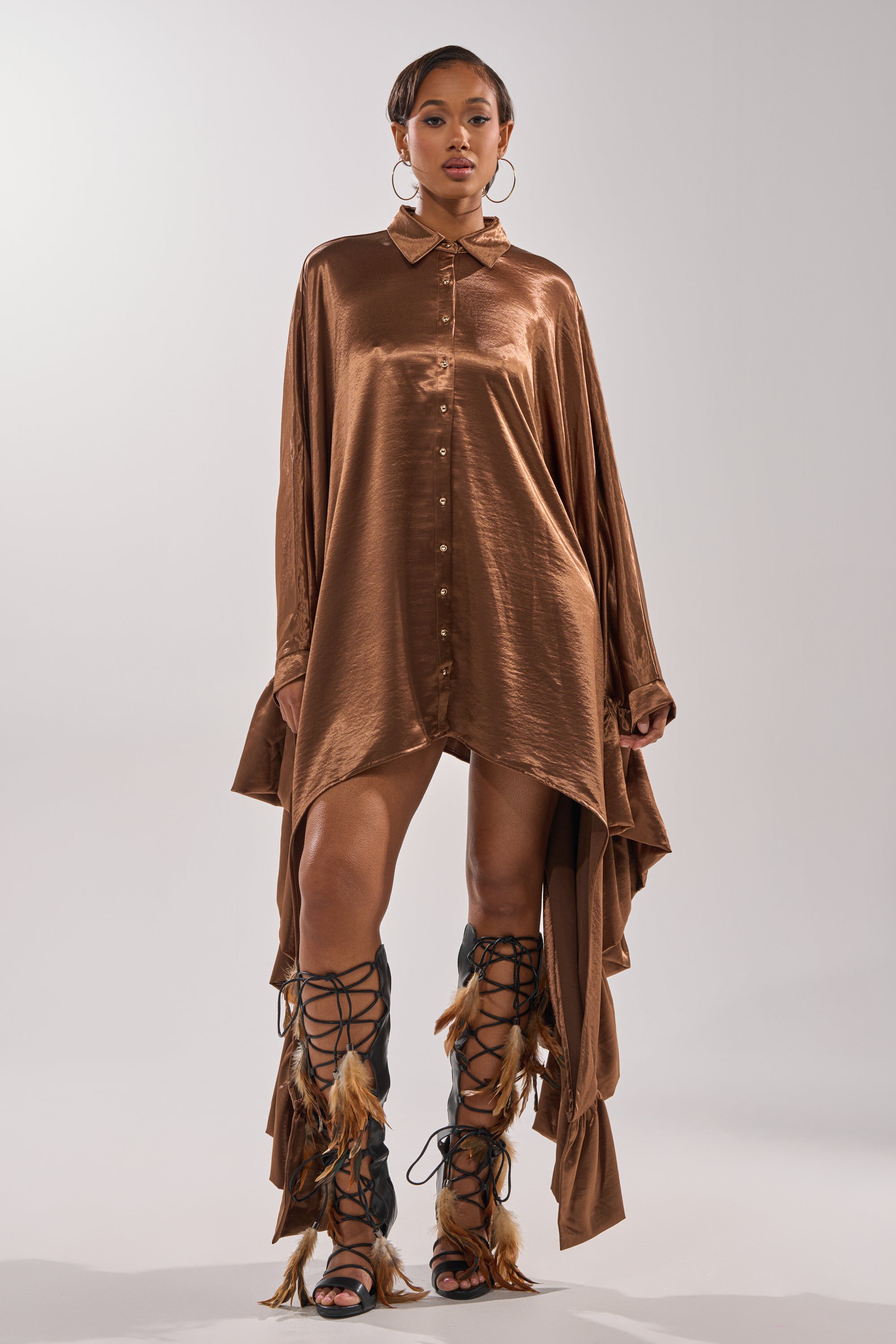 WONDERLUST SATIN LONG SLEEVE MINI DRESS IN BROWN AKIRA WONDERLUST SATIN LONG SLEEVE MINI DRESS IN BROWN AKIRA
