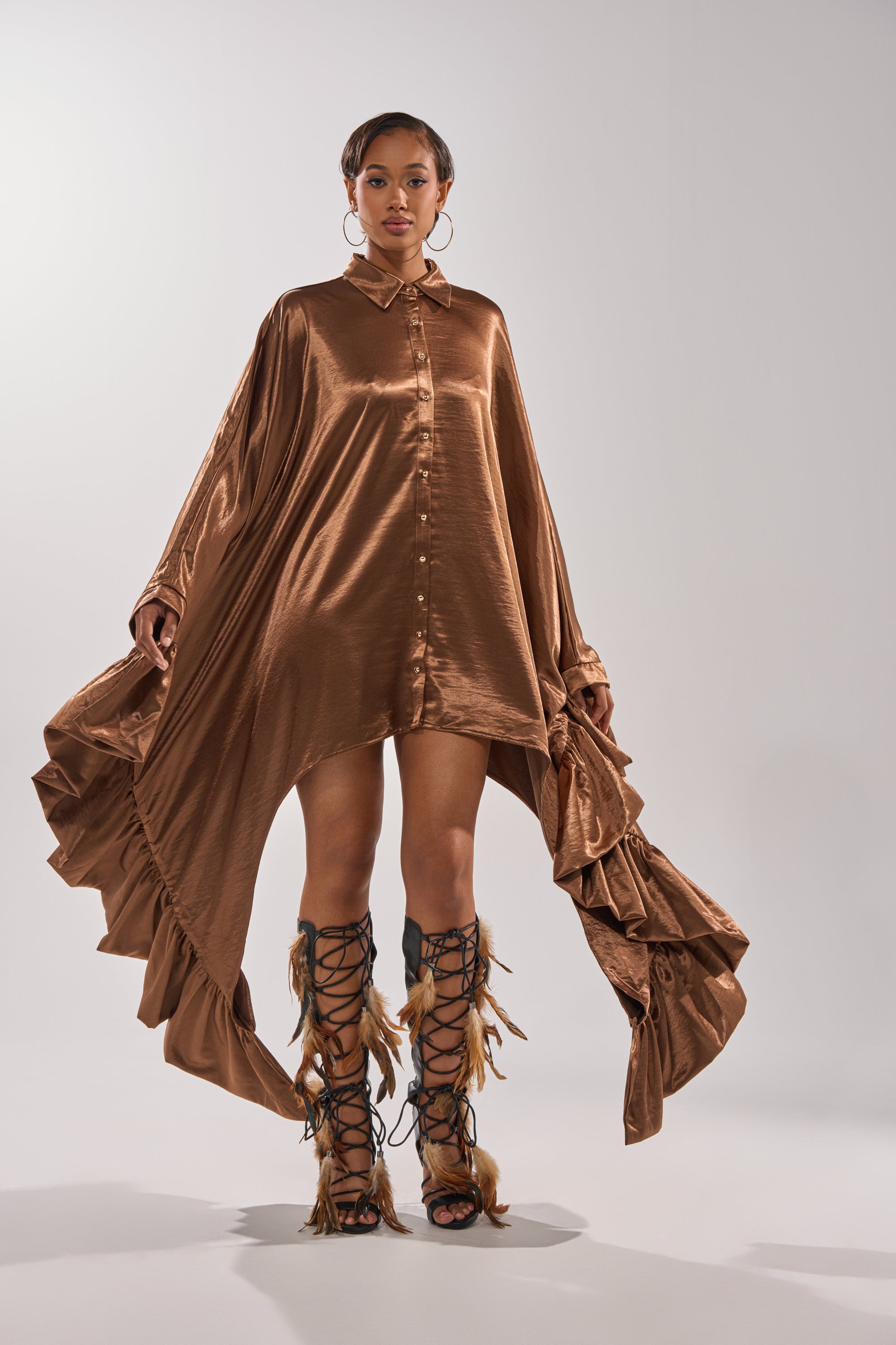WONDERLUST SATIN LONG SLEEVE MINI DRESS IN BROWN AKIRA WONDERLUST SATIN LONG SLEEVE MINI DRESS IN BROWN AKIRA