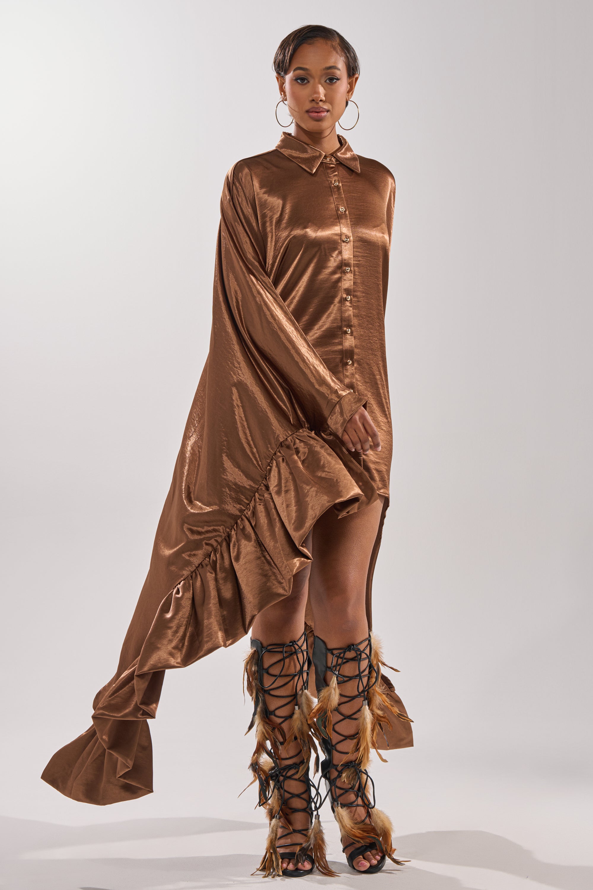 WONDERLUST SATIN LONG SLEEVE MINI DRESS IN BROWN AKIRA WONDERLUST SATIN LONG SLEEVE MINI DRESS IN BROWN AKIRA