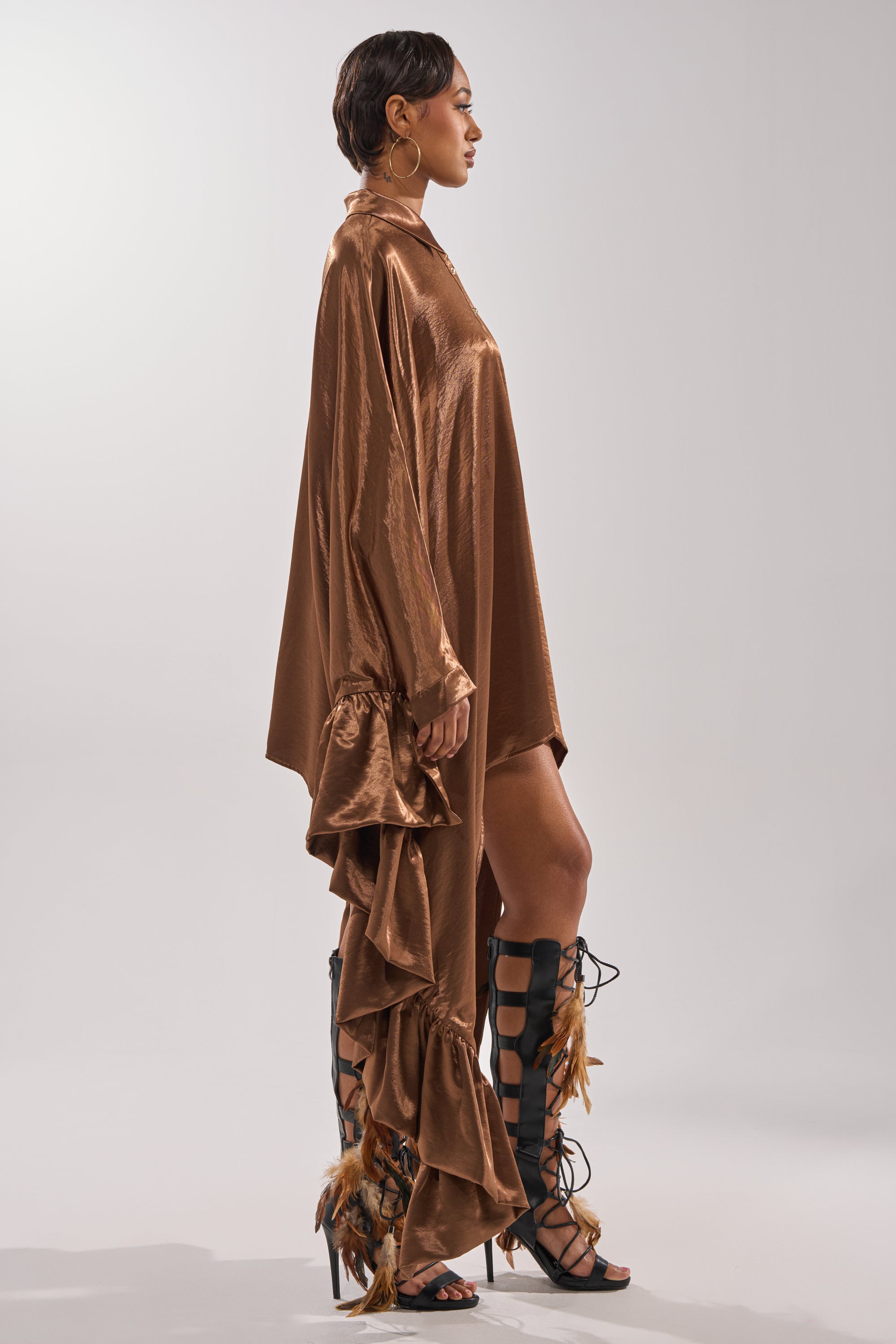 WONDERLUST SATIN LONG SLEEVE MINI DRESS IN BROWN AKIRA WONDERLUST SATIN LONG SLEEVE MINI DRESS IN BROWN AKIRA
