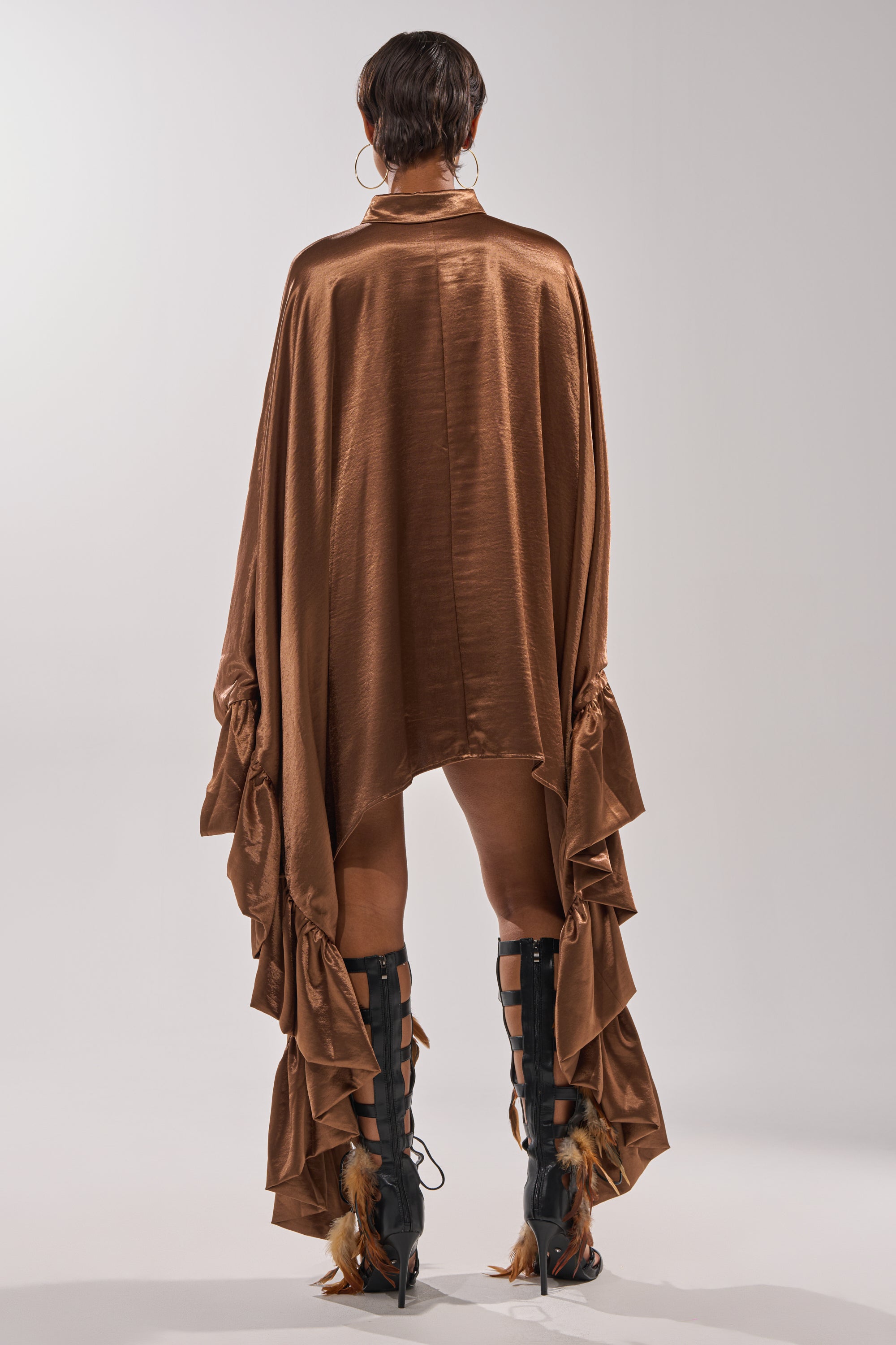 WONDERLUST SATIN LONG SLEEVE MINI DRESS IN BROWN AKIRA WONDERLUST SATIN LONG SLEEVE MINI DRESS IN BROWN AKIRA