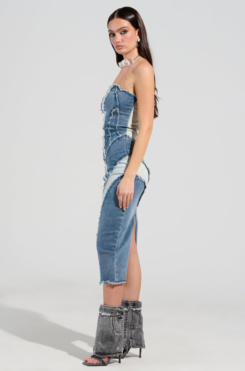 LAYLA DENIM PATCHWORK MIDI DRESS AKIRA LAYLA DENIM PATCHWORK MIDI DRESS AKIRA