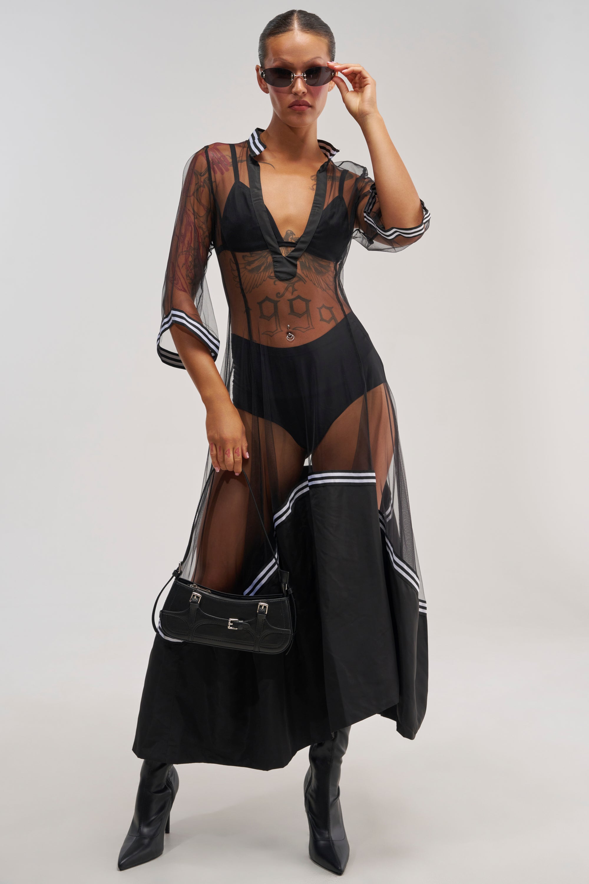 Black Mesh Maxi Dress, Plunge Shirtdress