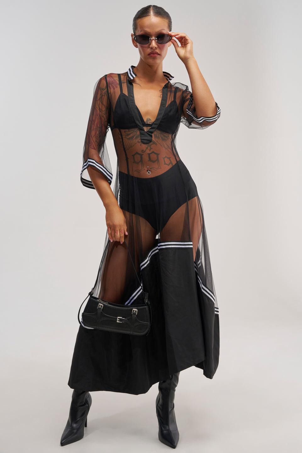 Black Mesh Maxi Dress, Plunge Shirtdress
