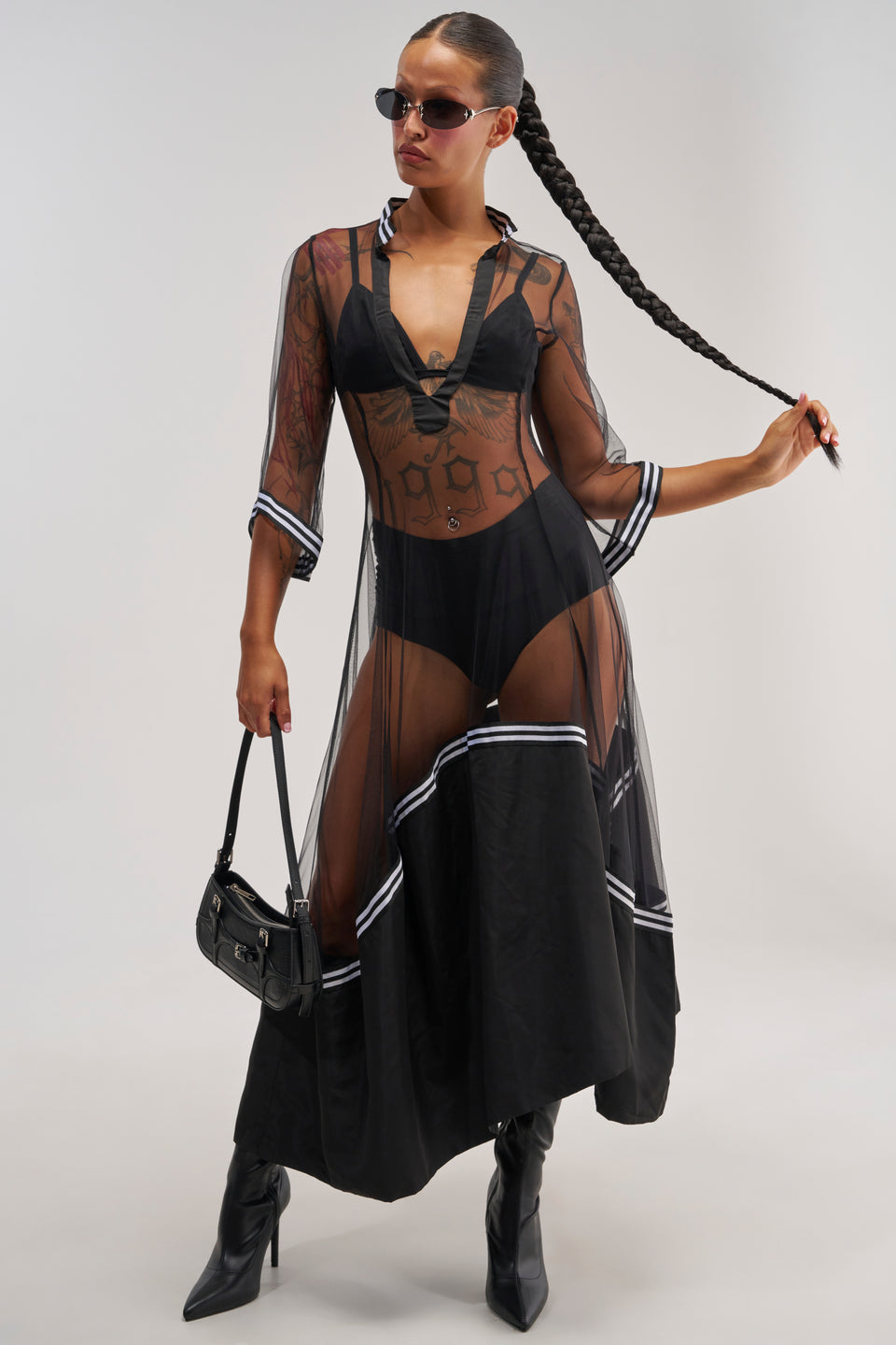 Black Mesh Maxi Dress, Plunge Shirtdress