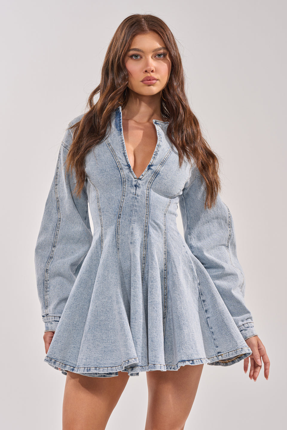 long sleeve denim dress women ALL ABOUT MY BUSINESS DENIM MINI DRESS – AKIRA