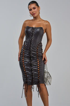 値下げ新品未使用　CITYSHOP LACE UP DRESS BLACK38 Faux Leather Lace-Up Midi Dress in Brown | AKIRA