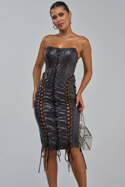 Faux Leather Lace-Up Midi Dress in Brown | AKIRA