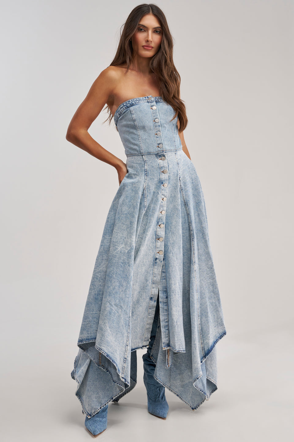 AKIRA Miss Me Yet Strapless Denim Midi Dress | Light Blue