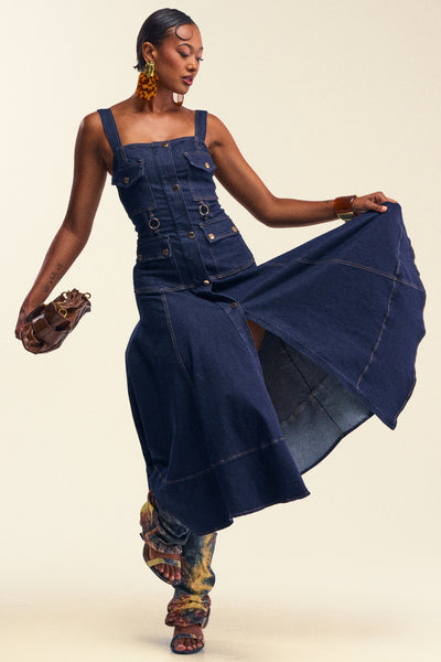 WILDFLOWER DRIFT MIDI DRESS IN DARK BLUE DENIM – AKIRA