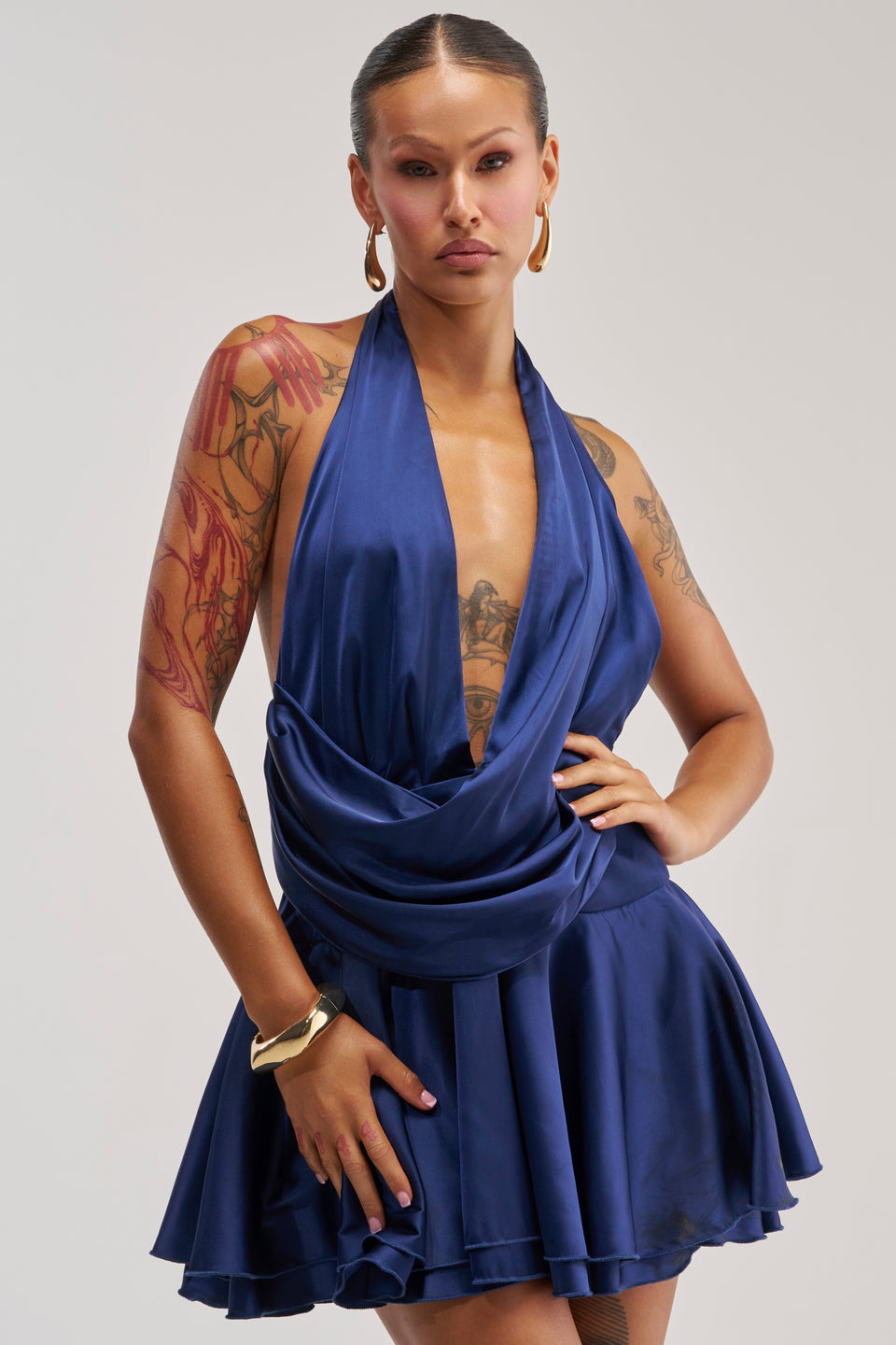 Satin Halter Mini Dress, Navy Ruffle Hem