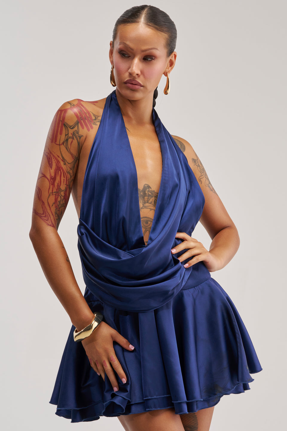 Satin Halter Mini Dress, Navy Ruffle Hem