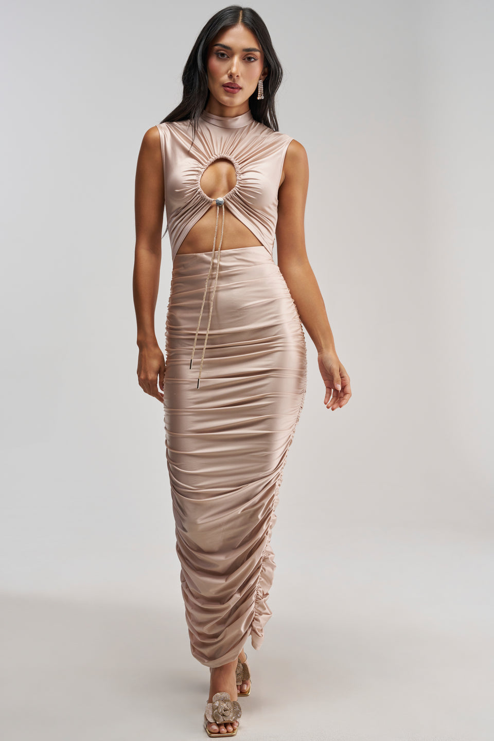 Stretch Satin Bodycon Maxi Dress in Pink
