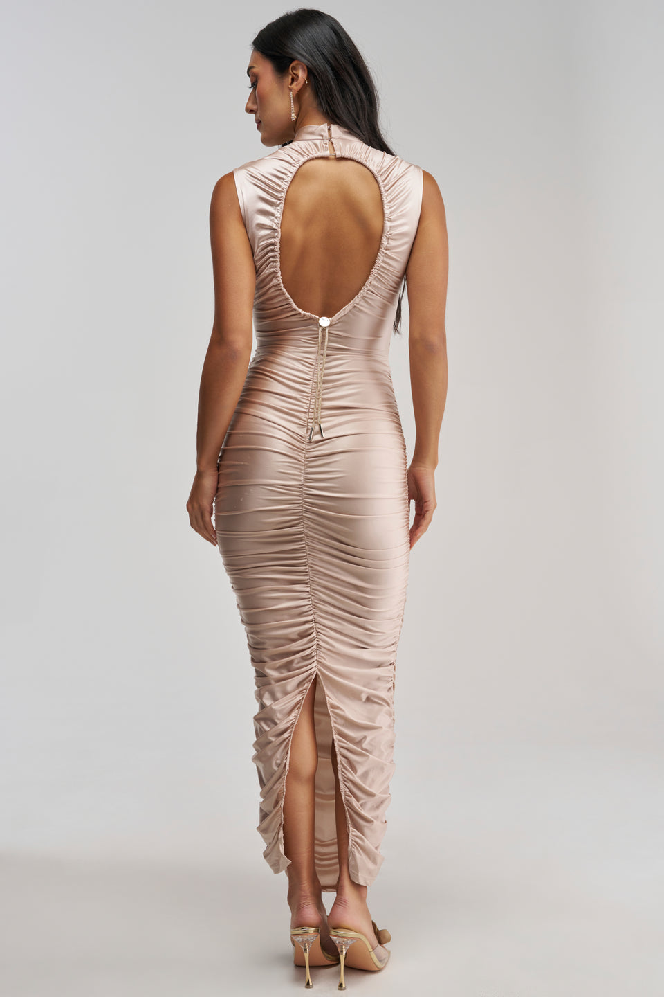 Stretch Satin Bodycon Maxi Dress in Pink