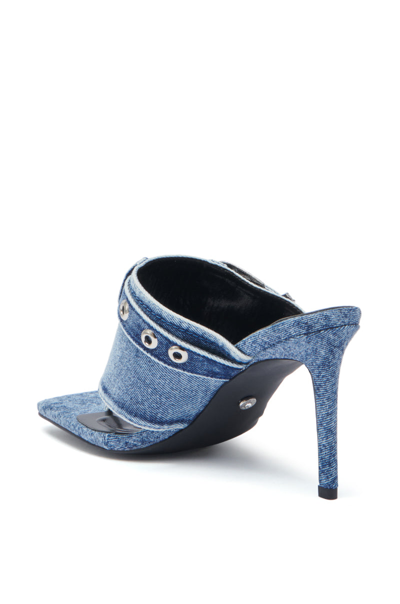 The AZALEA WANG JULIJA DENIM THONG STILETTO SANDAL features blue jean-inspired denim, grommet details, visible stitching, a pointed toe, and a slim stiletto heel for a chic and modern look.