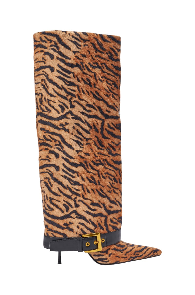 The AZALEA WANG JUST TIGER STILETTO FOLD OVER BOOT features a knee-high, bold tiger print design with a square toe, black sole, and a black ankle strap accented by a gold buckle. 4